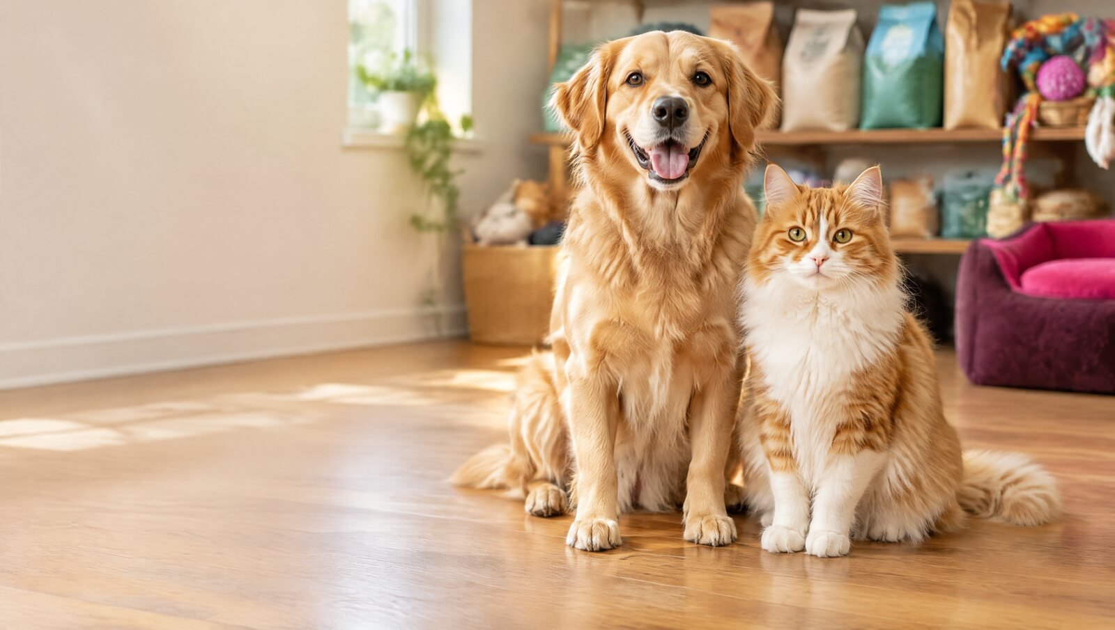 Un perro y un gato sentados juntos en una tienda de mascotas